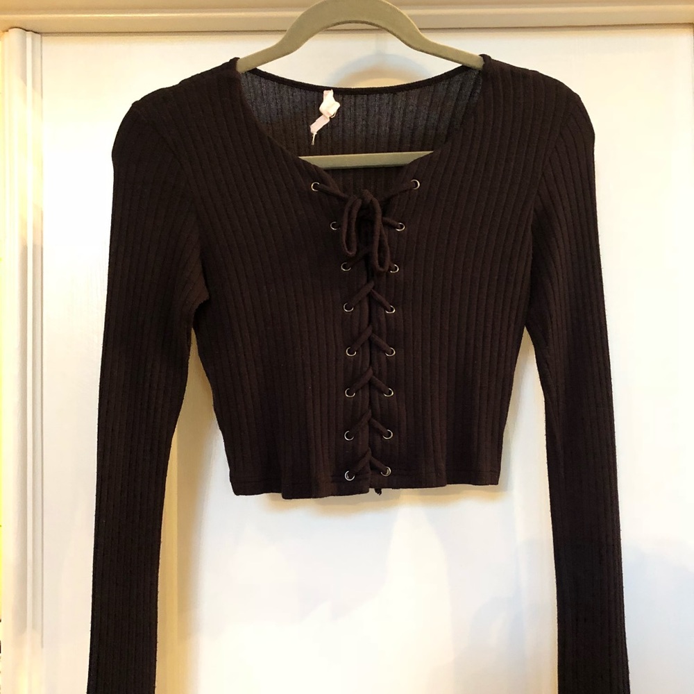 Black Long Sleeve Crop Top with Tie in Front